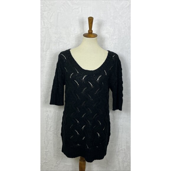ELLE Womens Pullover Sweater Tunic Length Short Sleeved Black Shimmer Size L NWT - Picture 2 of 11